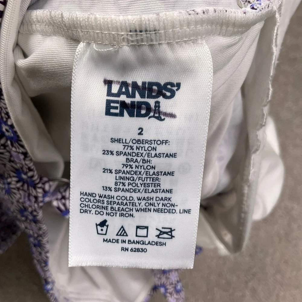 Lands End Tankini Top Womens‎ 2 Purple Blue Geometric Floral Twist Front